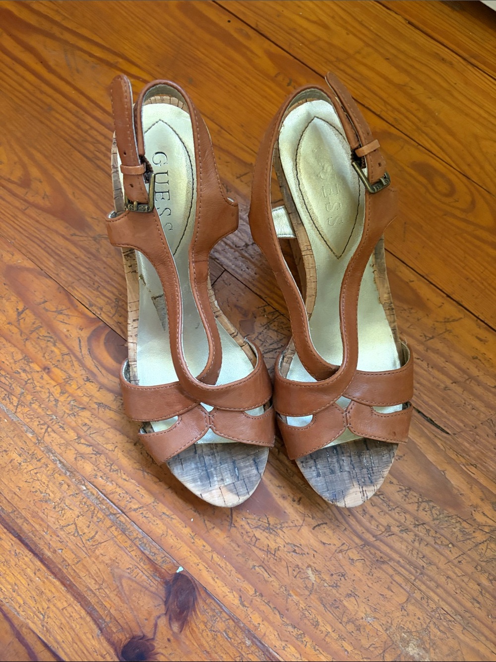 GUESS Brown Leather Cork Wedge Sandals